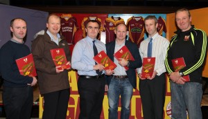 At the launch of the Ballinrobe GAA Club Coaching Plan for 2015 to 2020, were, left to right: David Flannery (steering committee), Des Treacy (sponsor), Alan Flannery (chairman), Fergal Costello who launched the Plan, Donal McCormack (secretary) and John Sweeney (steering committee).              Pic: Trish Forde.