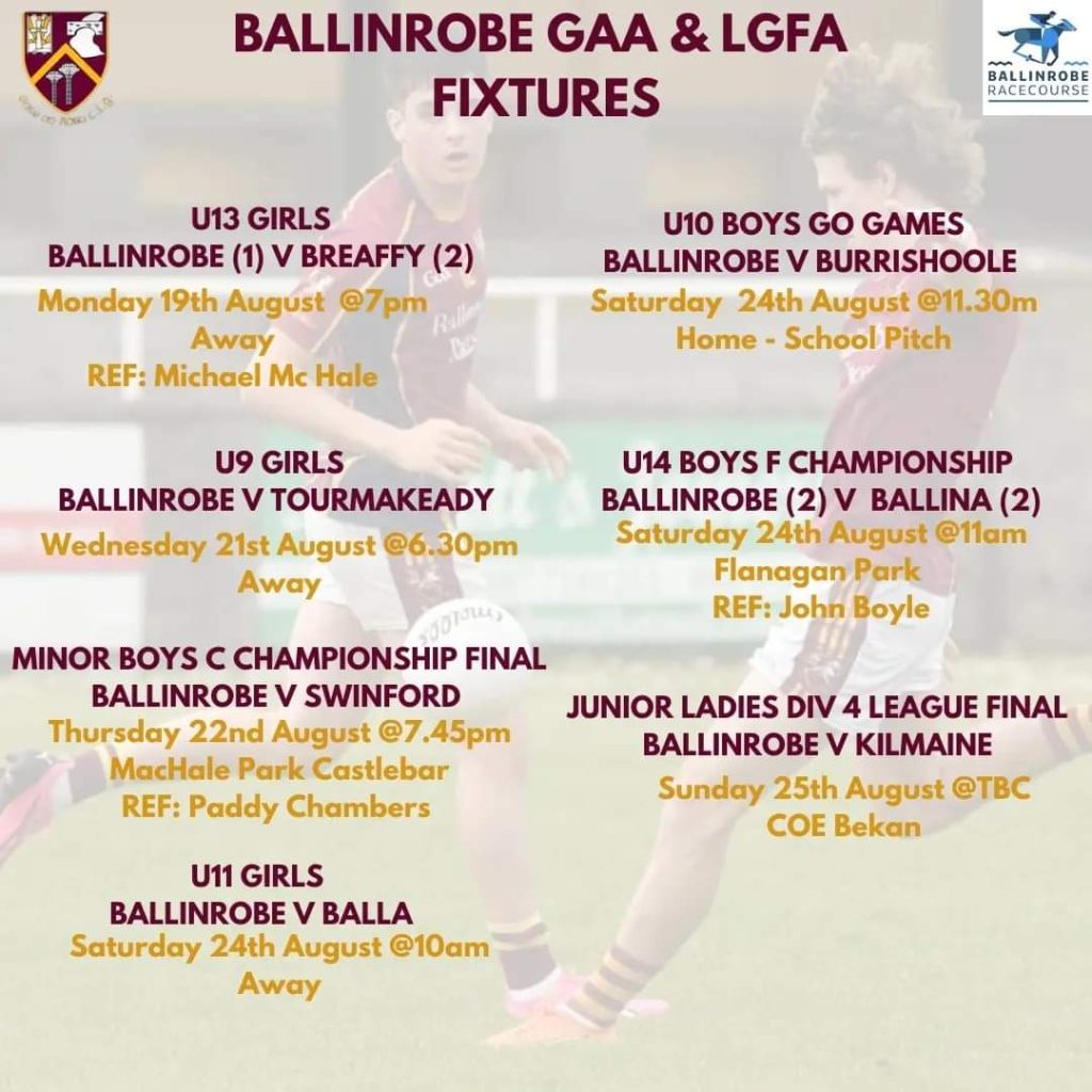 Fixtures Mon 19th to Sun 25th Aug 2024